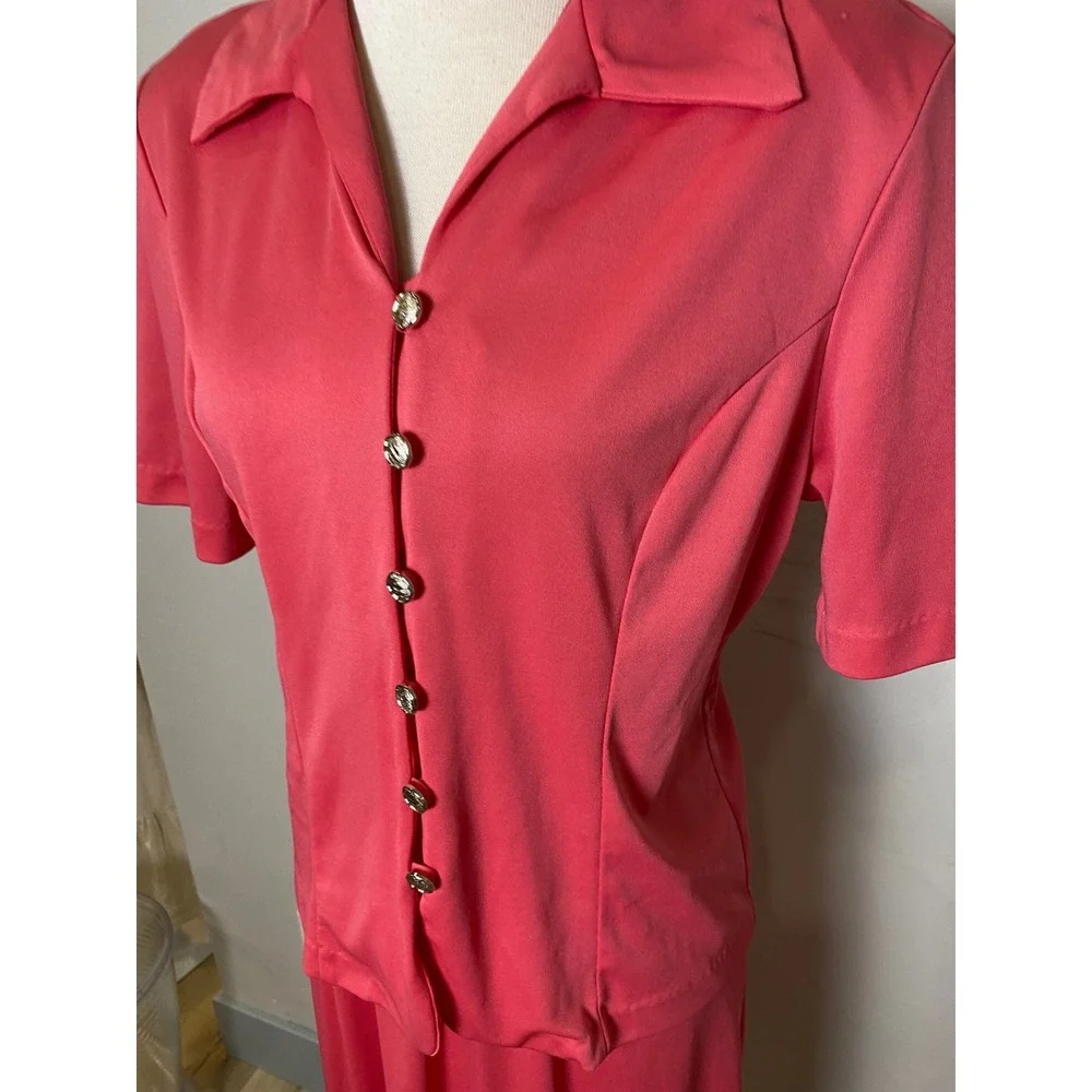 Vintage 70s Blair Pink Skirt Set Two Piece Dagger Collar Soft Midi Skirt S/M